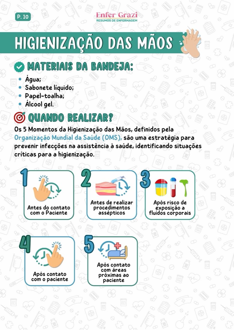 Higienização das mãos: materiais da bandeja e os 5 momentos