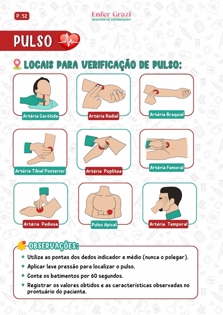 Os locais de verificação do pulso, artéria por artéria