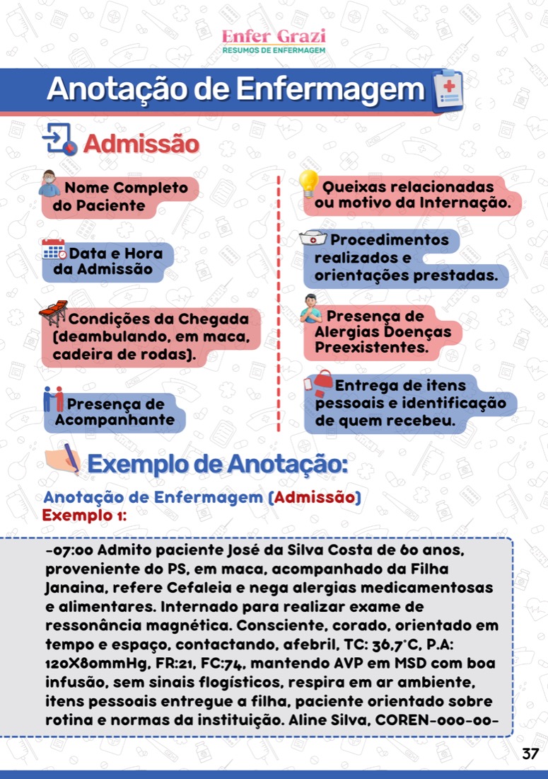 Modelo pronto de anotação de admissão, com exemplo preenchido